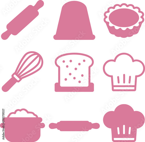 Pink silhouette icon set for baking and bakery. Vector collection includes rolling pin, whisk, chef hat, and bread.