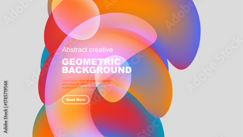 Abstract geometric shapes overlap, creating vibrant color blends. Text promotes creative background design, inviting further exploration.