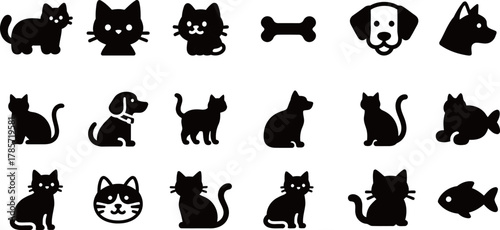 Set of cat and dog silhouettes. Vector icon collection of pets, including animal profiles, bone, and fish.
