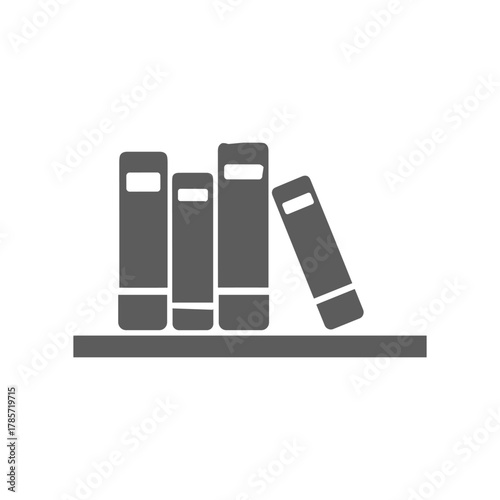 A simple, minimalist graphic illustration of four books standing on a shelf.