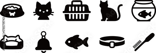 Black vector icon set for pet shop and cat accessories. Includes cat carrier, food bowl, fishbowl, collar, and toys.