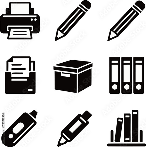 Black vector icon set of office supplies and equipment. Includes printer, pencil, file binder, and storage box symbols.