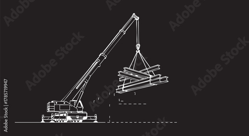 A detailed illustration showcases a crane lifting steel beams, highlighting construction processes and engineering concepts against a dark backdrop.