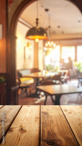Cozy cafe interior blurred behind wooden table foreground