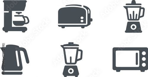 Vector icon set of kitchen appliances. Silhouette symbols for coffee maker, toaster, blender, kettle, and microwave oven.