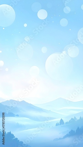 Misty blue mountain range with bokeh lights