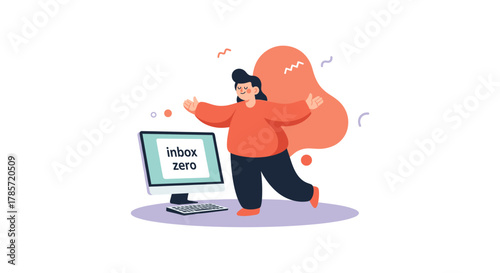 A happy person celebrates achieving inbox zero, a clean and organized email inbox, with a computer and abstract shapes in the background.