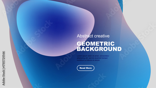 Abstract fluid shapes, blue hues dominate design. Text promotes geometric background, includes call to action.