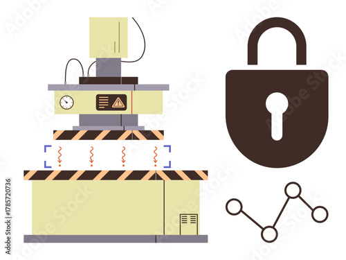 Industrial equipment with protective warning signs, security padlock symbol, and network linkage visuals. Ideal for cybersecurity, industrial safety, technology, innovation, data security, risk