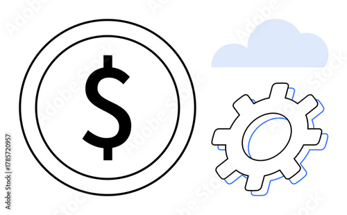 Dollar sign inside a circle, gear, and cloud icon symbolize financial systems, technology, efficiency, and innovation. Ideal for finance, tech, cloud computing productivity business fintech