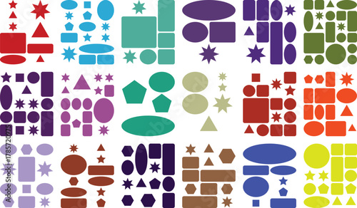 Diverse colorful geometric shapes in a vibrant abstract pattern background