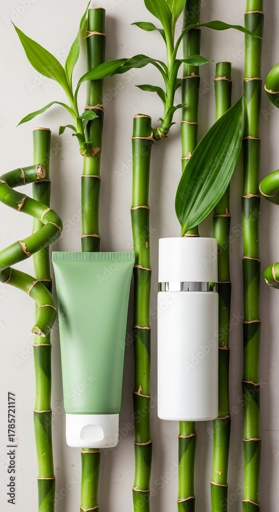 Obraz premium Natural skincare products with fresh bamboo stalks and leaves