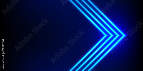 Futuristic abstract background. Neon arrow. Neon glowing blue arrow pointer on black background. Shining light sign. Vector illustration.