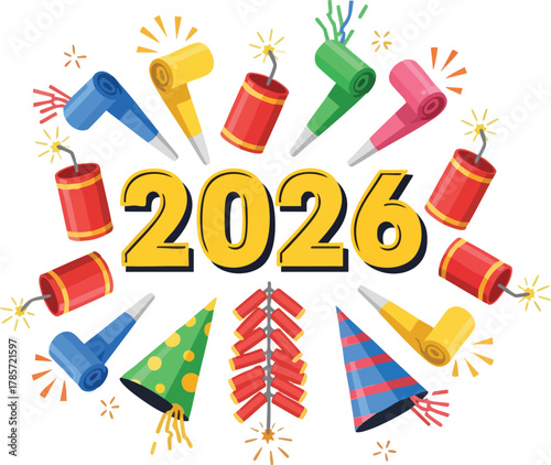 A 2D flat illustration celebrating the new year 2026 with colorful party horns, hats, and confetti on a white background.