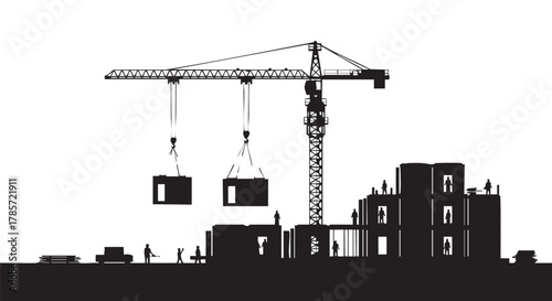 Silhouette of a construction site with a crane lifting building modules, depicting urban development and engineering against a white background.