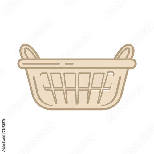 Simple graphic illustration of an empty beige laundry basket with handles, ready for clothes.