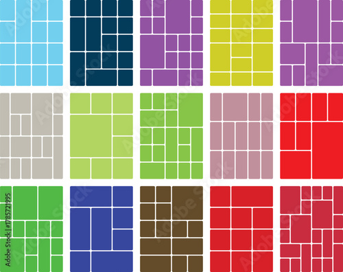 Fifteen colorful geometric grid layout patterns for diverse graphic design