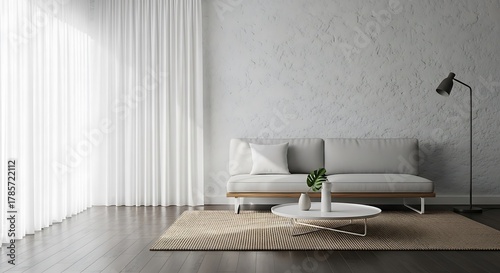 밝은 거실, 미니멀한 소파와 테이블이 편안하게 배치된 아늑한 공간