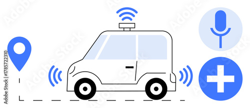 Self-driving car with wireless signals, GPS pin, microphone for commands, and healthcare icon. Ideal for autonomy, navigation, technology, innovation, healthcare connectivity and mobility concepts