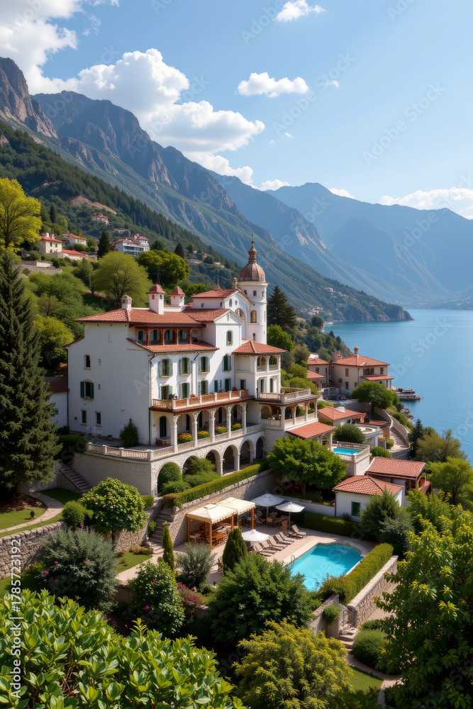 Fototapeta premium Mediterranean villa with pool and mountain lake view under bright sky