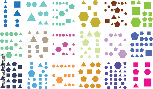Diverse colorful geometric shapes pattern in a grid, abstract modern design