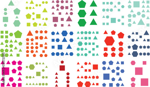 Colorful geometric shapes abstract pattern grid background, diverse forms