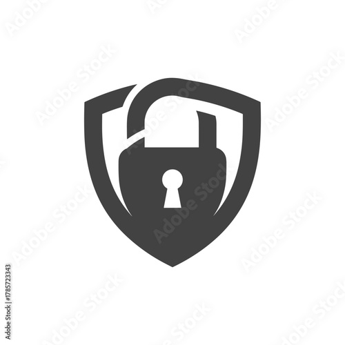 A gray vector image of an unlocked padlock in front of a shield, representing security vulnerability.