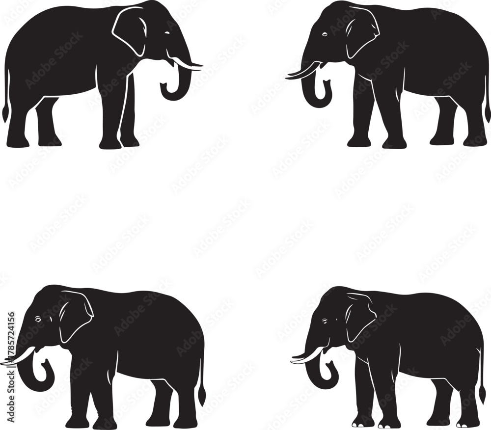 Fototapeta premium Elephant Silhouette Set – Side Profile Poses with Trunk Variations for Design and Education
