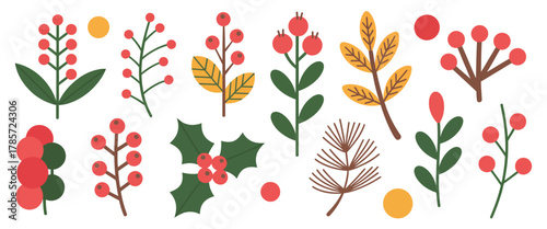 Christmas Holly and Mistletoe Set – Hand-Drawn Winter Berry Branches, Spruce Twigs and Leaves, Red and Green Festive Vector Illustration Isolated on White
