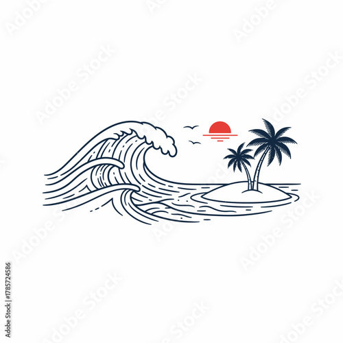 Line art illustration of a wave crashing near a tropical island with palm trees and a setting sun.
