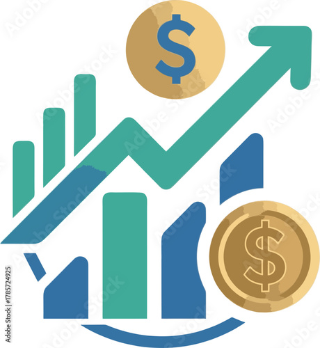 Financial Success Chart Logo Vector – Abstract Bar Graph, Dollar Coin, and Upward Arrow Symbol