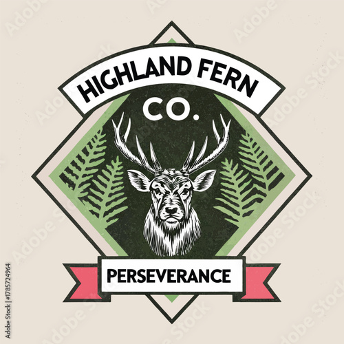 Highland Fern Co. Logo Featuring A Stag Emblem, Forest Greens, And Perseverance Banner