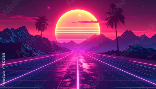 Vibrant, retro-futuristic vista magenta sky, glowing sun, palm trees, road with grid, and distant blue mountains