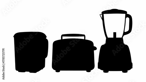 Silhouette of a toaster oven, a toaster, and a blender, kitchen appliances in a minimalist design