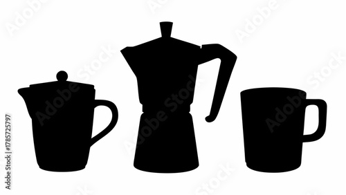 Silhouette illustration of a coffee pot, moka pot, and a mug arranged side by side on a white background