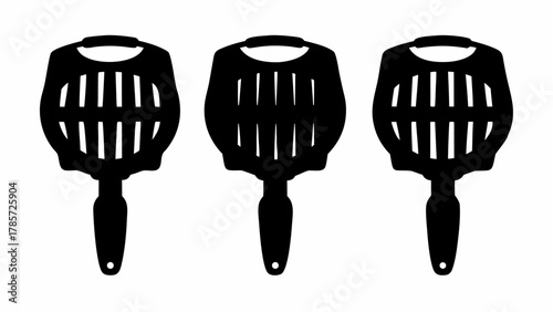 Three black plastic skimmers with slotted heads and handles in a row on a white background view silhouette