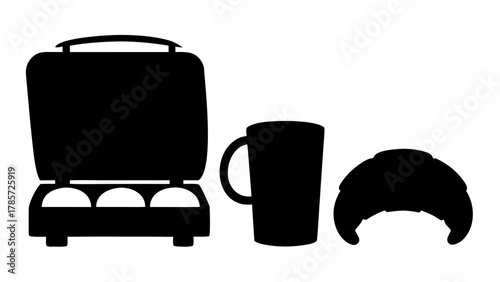 Silhouette of an open egg cooker with eggs, a mug, and a croissant arranged side by side on a white surface