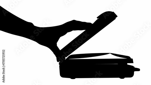 A silhouette of a hand opening a scanner lid against a white background in a minimalist style view