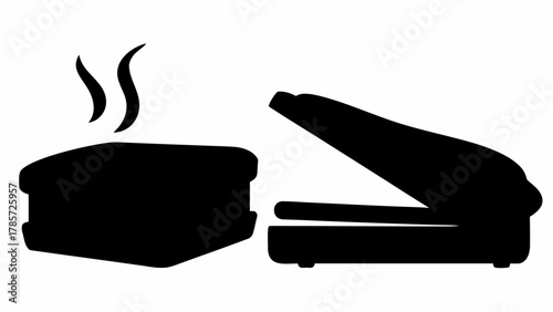 Silhouette of a sandwich press next to a hot sandwich with steam rising on a white background