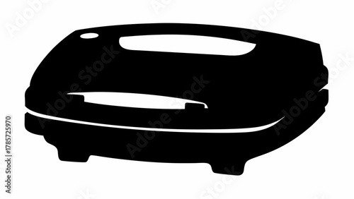 A silhouette illustration of a closed electric sandwich press with a handle and indicator light design