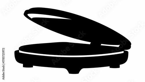 A black and white silhouette of a scanner with its lid open, revealing the scanning surface inside the device