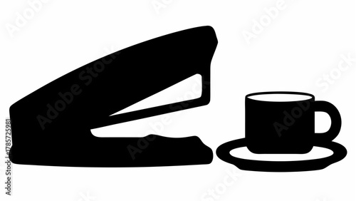 A black silhouette of a stapler and a coffee cup with saucer on a white background office supplies