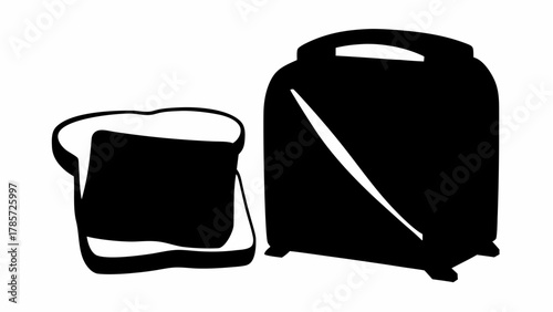 Black and white silhouette of a toaster and a slice of bread on a white background in a simple design