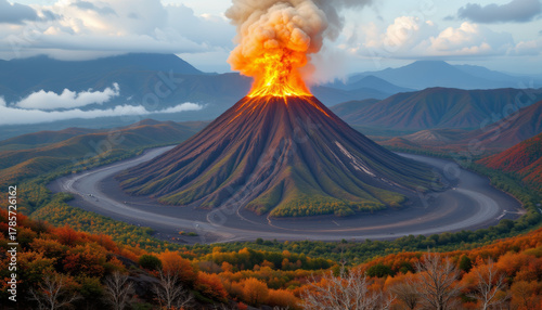Volcanic eruption with glowing lava and smoke surrounded by autumn forest and mountains