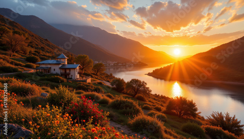 Sunset over river valley with house, flowers, and mountains creating warm, peaceful scene