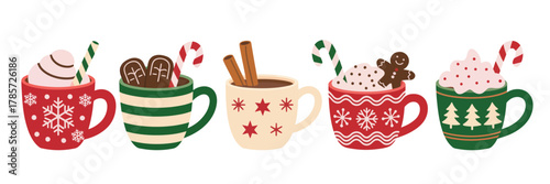 Christmas Hot Chocolate and Cocoa – Cute Cartoon Mug Icons with Coffee, Latte and Tea, Winter Holiday Drink Set, Fun Vector Menu Illustration