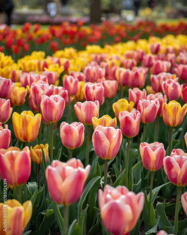 Fototapeta premium Vibrant field of blooming pink and yellow tulips in spring