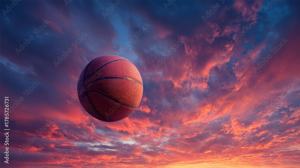 Fototapeta premium Basketball soaring through vibrant sunset sky with colorful clouds and dramatic hues in evening light