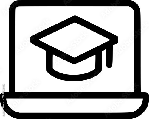 An outline icon representing online learning, distance education, remote course, graduation, and academic study on a laptop