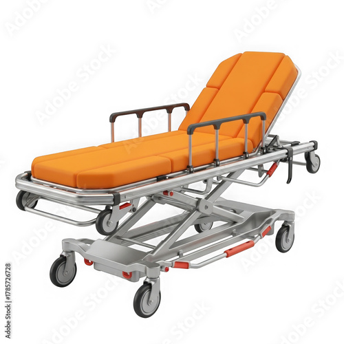 3d medical stretcher with orange pad isolated on transparent background